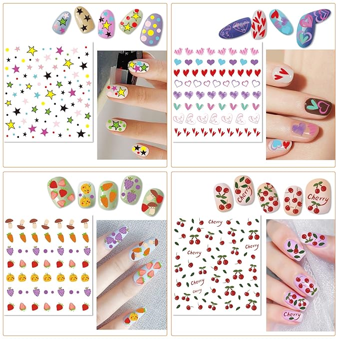 24 Sheets Nail Stickers for Girls Women and Kids, Nail Art Stickers Bunny Penguin Duck Flower Heart Star Rainbow Cloud Snow Lucky Clover Maple Watermelon Fruit for Nail Art Decoration with Tweezers