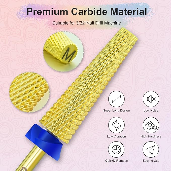 Depvko Super Long 5 in 1 Nail Drill Bits, 3/32'' Carbide Tungsten Bits, Two Way Rotate Professional Advanced Safety Bits for Nail, Fast Remove for Manicure Pedicure (Long 5in1-Gold, Medium-M)