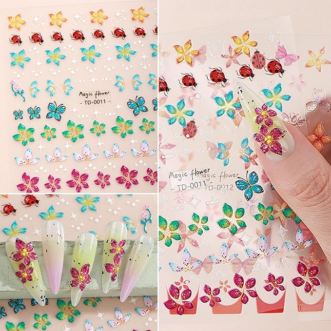 Flowers Nail Art Sticker- 5D Embossed Lily Flower Nail Decals Spring Colored Orchid Floral Petals Nail Design Hibiscus Flower Adhesive Gel Slider Nail Charms Summer Decor DIY Manicure Accessories 6PCS