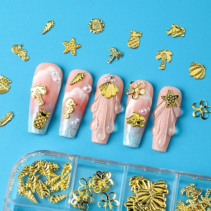 Gold Stars Moon Nail Accessories Golden Metal Shell Seahorse Jellyfish Nail Art Glitter Sequins 3D Golden Flower Nails Supplies Jewelry Studs Nail Decoration Kit Suitable for Women Acrylivc Nail