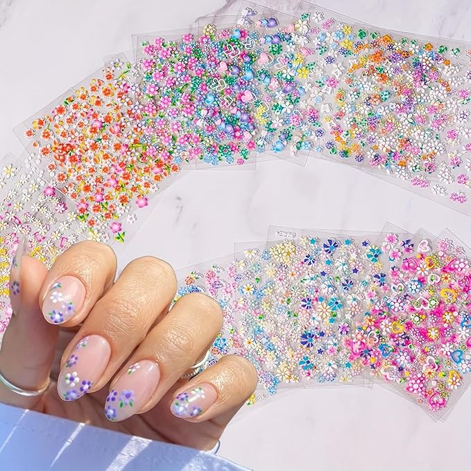 30 Sheets Flower Nail Stickers Colorful 3D Self Adhesive Cute Daisy Floral Nail Decals Heart Nail Art Charms for DIY Design (ST-F)