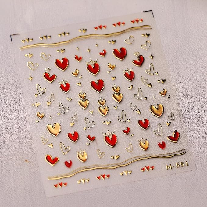 Red Valentine's Day Nail Stickers - 5D Embossed Heart Decals for Nail Art Design - Gold Heart Supplies for Women DIY Manicure Decoration