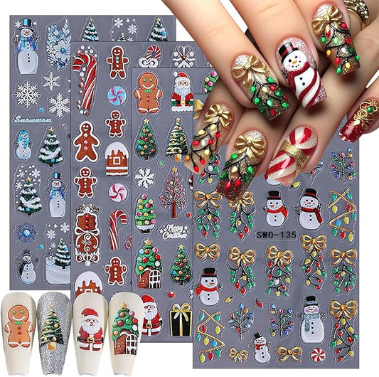5D Embossed Christmas Nail Art Stickers Winter Cute Christmas Tree Snowflake Snowman Santa Claus Gift Nail Stickers Xmas Holiday Nail Decals for Women DIY Manicure Tips Nail Decorations 4 Sheets