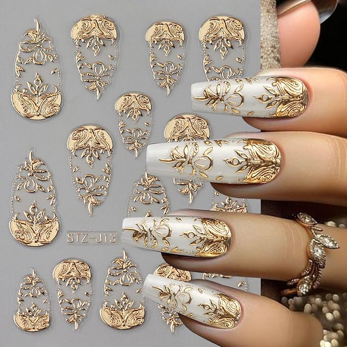4 Sheets Gold Nail Art Stickers 5D Embossed Flower Nail Decals Metallic Totem Leaves Floral Nails Design Manicure Sliders Self Adhesive French Retro Golden Foil Nail Art Supplies for Women DIY Nail