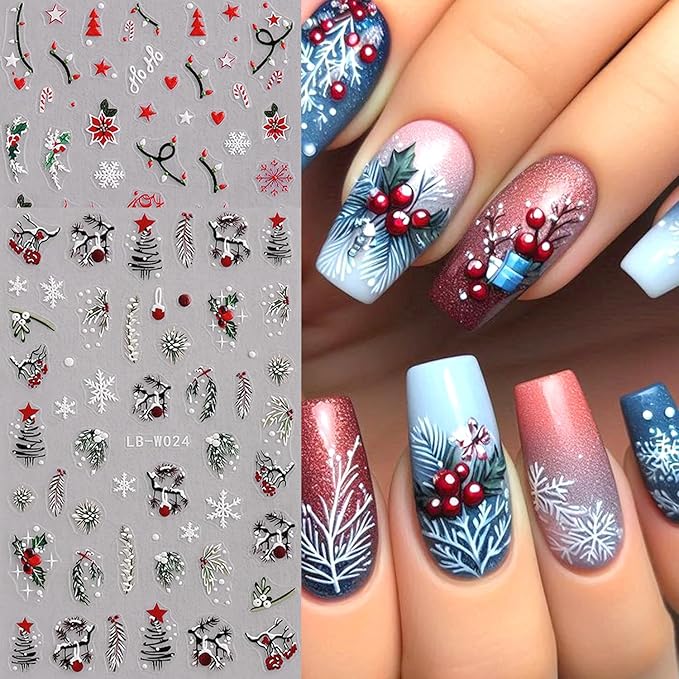 4Sheets Christmas Nail Art Stickers 3D Embossed Xmas Tree Elk Nail Decals for Acrylic Nails Self-Adhesive Holly Leaves Designs Nail Stickers Snowflake Star Nail Decal for Women Festive Manicure Decor