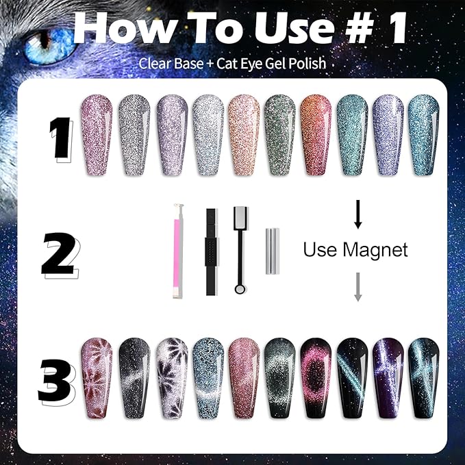 Clara Colors Cat Eye Gel Nail Polish Set, 20 Colors Holographic Galaxy Series Magnetic Nail Polish with Magnets Base Top Coat Gel Cat Eye Nail Polish for Professional Nail Salon or DIY at Home