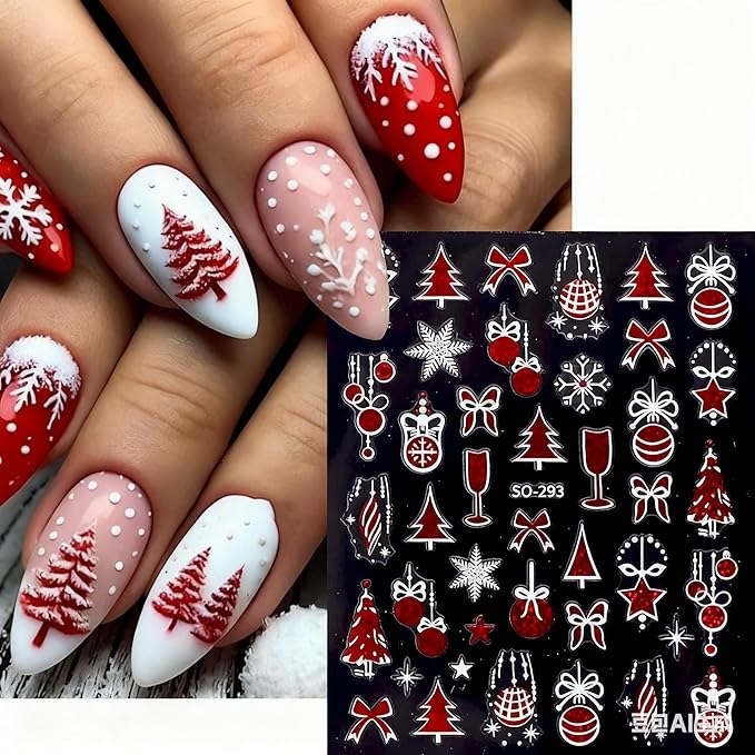 6Pcs Christmas Nail Stickers 3D Red Golden Christmas Tree Nail Stickers for Nail Art DIY Self Adhesive Nail Decals Bow Snowflake Nail Decoration Supplies Holiday Manicure Accessories for Women Girls