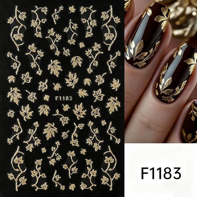 8Pcs Fall Nail Art Stickers, Gold Maple Leaves Nail Decals 3D Self-Adhesive Gold Fall Leaves Nails Stickers Glitter Nail Art Supplies for Women Nail Decoration