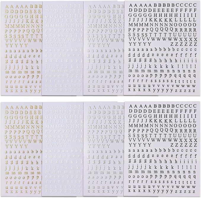 Letters Nail Art Stickers English Alphabet Nail Decals 3D Self-Adhesive Metallic Gold Silver Nail Sticker Black Alphabet Nail Art Supplies for Women Girls DIY Nail Decoration Manicure 8 Sheets