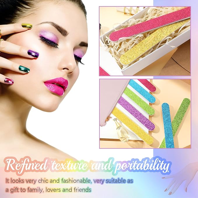 Mixweer 50 Pieces Glitter Nail File Colorful Strips Nail Bulk, 7.01 x 0.75 Inch Manicure and Pedicure Toenails Buffers, Double Sided Filer for Women Shaping Smoothing Toenails and Fingernails