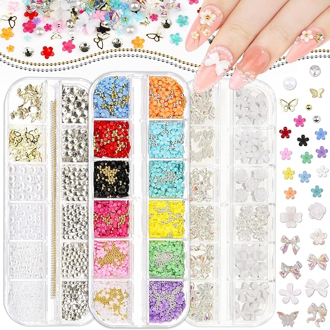 3 Boxes 3D Flower Nail Charms and Gems - Colorful Nail Flower & Aurora Bow Charms Metal Butterfly Clear Rhinestones Gemstones Silver/Gold Caviar Beads White Pearls with Nail Chain (12-S3-Mixed1)