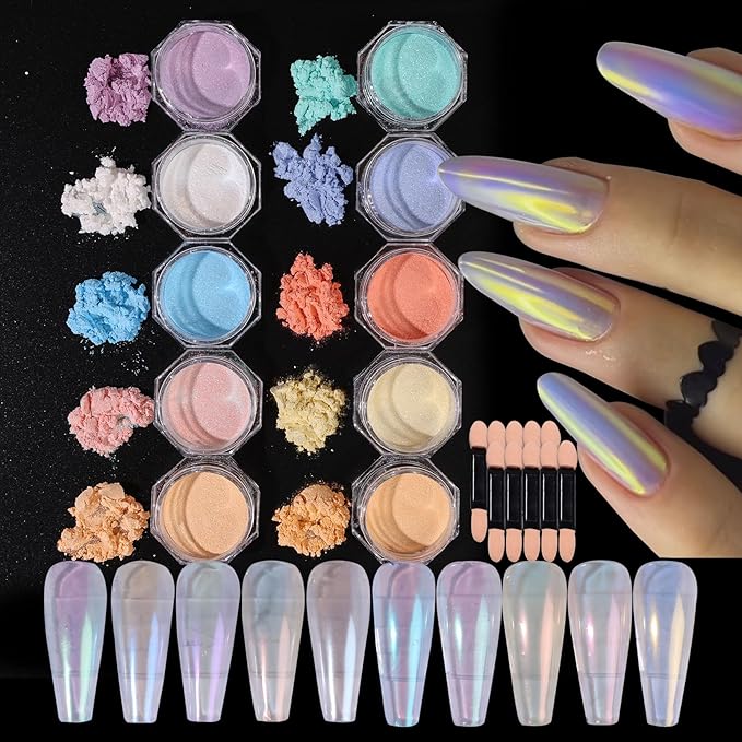 Mermaid Aurora Chrome Nail Powder 10 Boxes Colorful Pearlescent Glazed Powder Kits Pearl Metallic Mirror Pigment Rubbing Dust Nails Glitter Decoration DIY Designs Nail Accessories