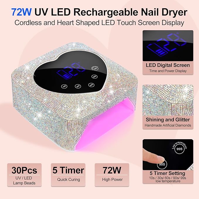 UV LED Nail Lamp Dryers 72W Rechargeable Cordless UV Light for Gel Nails,Sparkling Diamond Fast Curing Gel Polish Lamp with 5 Timer & Nail Kit,Auto Sensor,Manicure Art Drying Tools for Home Salon