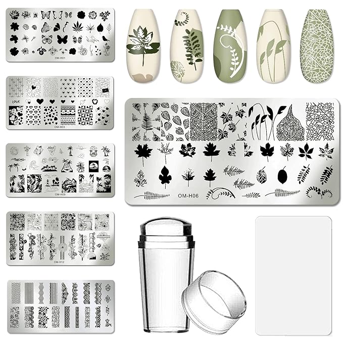 AddFavor Nail Art Stamper Kit 6pcs Flower Heart Leaf Lace Butterfly Stamping Plate Template with Silicone Nail Stamper and Scraper for Women Girls DIY Fingernail Manicure Stencils Tools