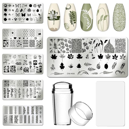 AddFavor Nail Art Stamper Kit 6pcs Flower Heart Leaf Lace Butterfly Stamping Plate Template with Silicone Nail Stamper and Scraper for Women Girls DIY Fingernail Manicure Stencils Tools