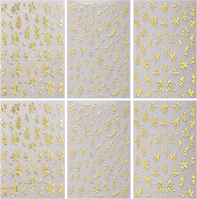 6 Sheets Gold Nail Art Stickers 3D Self -Adhesive Golden Flowers Leaves Nail Decals Holographic Hot Stamping Floral Nail Stickers Summer Blossom Nail Decoration for Women DIY Manicure Supplies