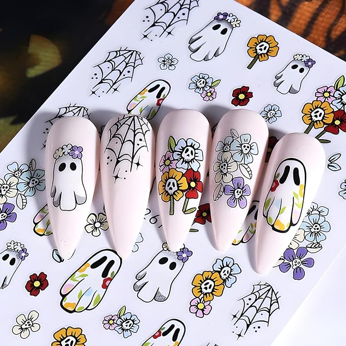 6 Sheets Halloween Nail Art Stickers Flower Nail Stickers 3D Self-Adhesive Ghost Nail Decals with Star Design Pumpkin Bat Nail Supplies Decoration Accessories for Women and Girls