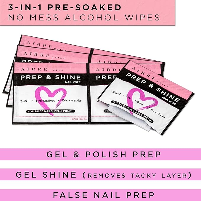 AIRRE 50 Professional Alcohol Prep & Shine Nail Wipes (3in1) Alcohol Wipes for Gel Nails, Acrylic Nails, Press-On Nails & Tips. Removes Sticky Gel Layer Residue, Preps UV/LED Gel Polish & False Nails