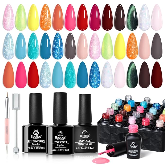 Beetles Gel Nail Polish Set - 20 Colors Gel Polish Pink Blue Green Yellow Pearl Color Gel with Base Glossy & Matte Top Coat Uv DIY Salon Manicure Kit Beach Bash Halloween Nails Gift for Women
