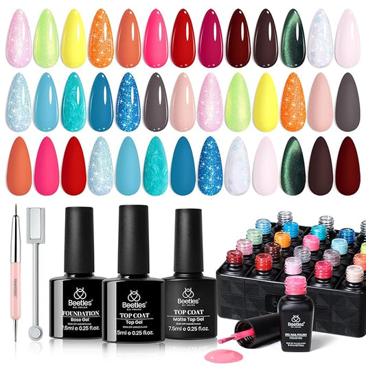 Beetles Gel Nail Polish Set - 20 Colors Gel Polish Pink Blue Green Yellow Pearl Color Gel with Base Glossy & Matte Top Coat Uv DIY Salon Manicure Kit Beach Bash Halloween Nails Gift for Women
