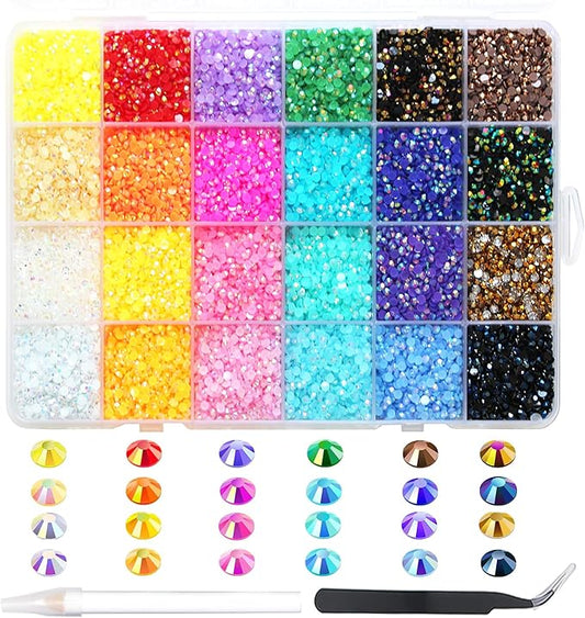 24000Pcs Nail Art Rhinestones, BetterJonny 24 Colors 3mm Round Nail Flatback Rainbow Gems Set with Tweezers and Pencil AB Glitter Flat-Bottomed Rhinestone for Crafts Decoration and Jewelry Making