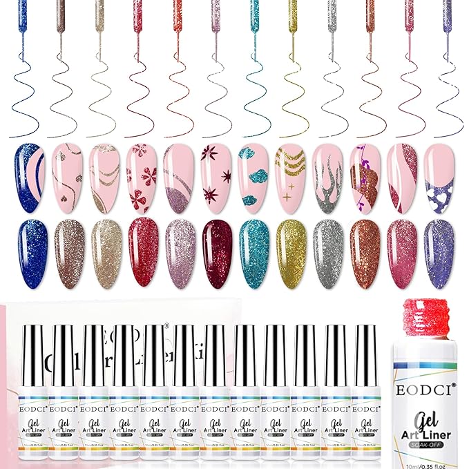 Nail Art Gel Liner Set, 12 Colors Platinum Pink Gold Green Glitter Fall Winter Gel Polish for Swirl French Tip Painting Designs Soak Off Built Thin Brush DIY Nail Design Kit
