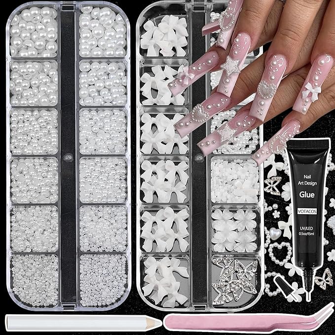 Nail Art Pearls with Glue Gel Flatback Pearls White Bow Nail Charms Heart Butterfly Nails Gems Pearls Accessories for Women Nails Design Decoration