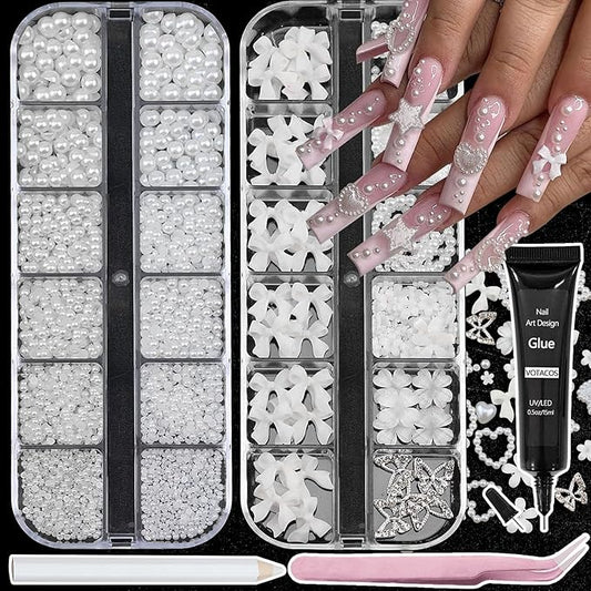 Nail Art Pearls with Glue Gel Flatback Pearls White Bow Nail Charms Heart Butterfly Nails Gems Pearls Accessories for Women Nails Design Decoration