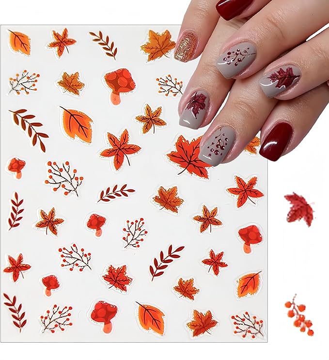 8 Sheets Autumn Maple Leaf Nail Stickers, Thanksgiving Pumpkin Nail Stickers 3D Self-Adhesive Maple Leaf Nail Decals Autumn Glitter Ginkgo Leaf Nail Decals for Women Nail Designs