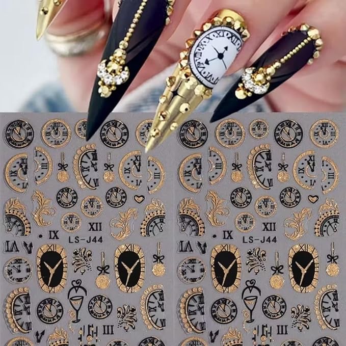 6PCS Clock Nail Art Stickers New Year Nail Decals 3D Self-Adhesive Gold Glitter Nail Stickers Clock Wine Glass Christmas Ball Fireworks Design Countdown Nails Supplies for Women Christmas Nails Decor