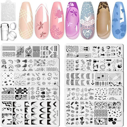 Biutee Nail Art Stamping Plates Set 10PCS French Line Stamp Templates, Nail Stamping Kit with Silicone Nail Stamper for DIY Print Manicure Salon Design Gift In Home