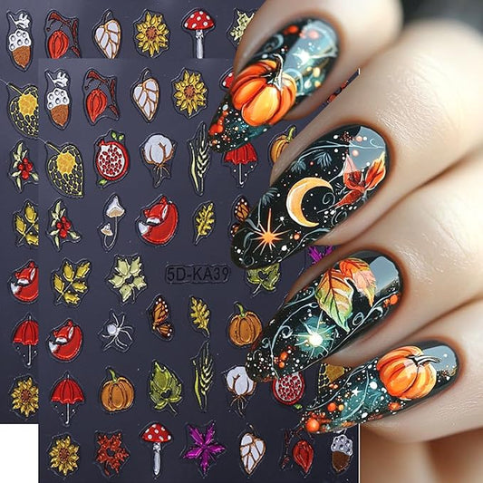 2Sheet Thanksgiving Nail Art Stickers 5D Embossed Autumn Maple Leaves Pumpkin Designs Nail Decals Self-Adhesive Fall Fruit Fox Nail Sticker Butterfly Mushroom Nail Decal for Women Nails Decor Supplies