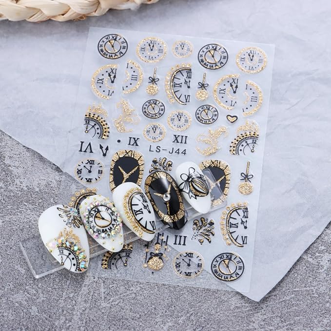 6PCS Clock Nail Art Stickers New Year Nail Decals 3D Self-Adhesive Gold Glitter Nail Stickers Clock Wine Glass Christmas Ball Fireworks Design Countdown Nails Supplies for Women Christmas Nails Decor
