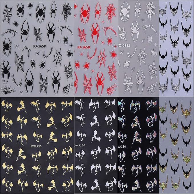 ONPRESS 8Sheet Halloween Bats Nail Stickers Black Gold Glitter French Tips Nail Art Stickers 3D Self-Adhesive Silver Red Spider Web Nail Decals Exquisite Gothic Holiday Nails Supplies for Women DIY