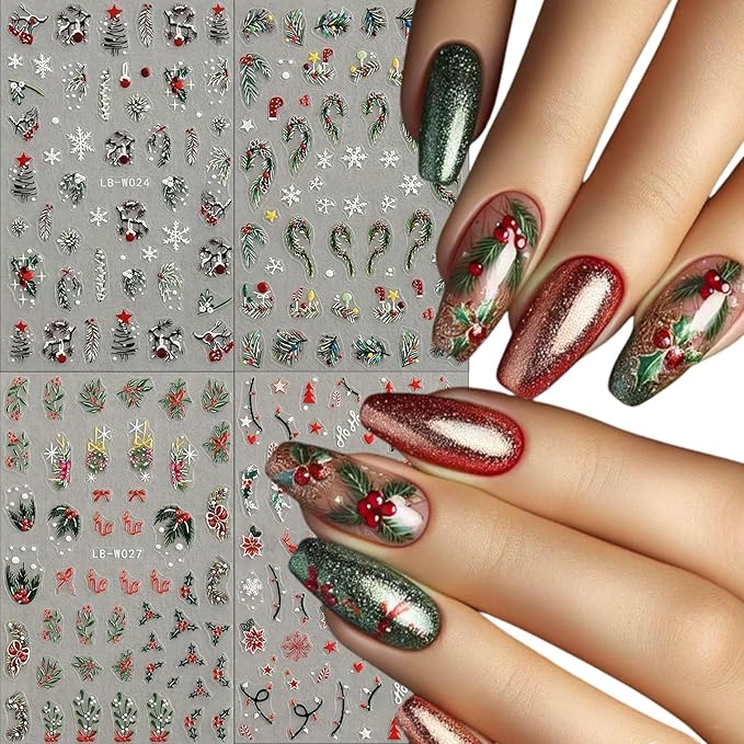 4 Sheets Christmas Nail Art Stickers 5D Embossed Self Adhesive Winter Grass Nail Decals Winter Christmas Tree Elk Snowflake Design Nail Stickers for Women Girls DIY Holiday Manicure Decoration