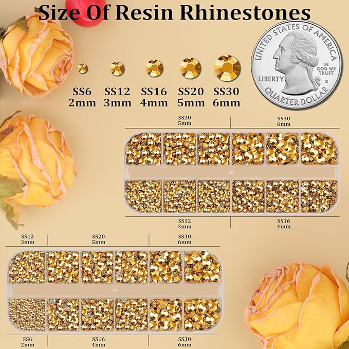 Resin Rhinestones for Crafting, 2 Boxes Copper Gold Flatback Crystals for Bedazzling Crafts DIY Nail Art Decoration, Non Hotfix Bulk Gems for Tumbler Shoes Clothing Fabric Face Makeup