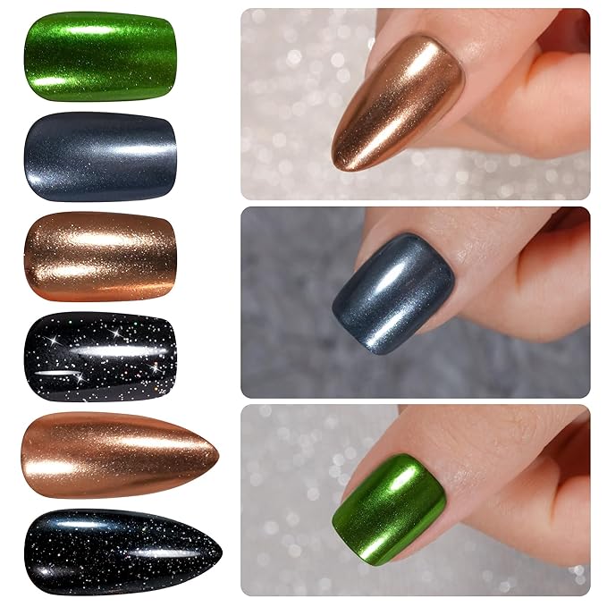 Chrome Press on Nails Short 6 Styles, Jofay Fashion 144Pcs Salon-Like Mirror Metal Stiletto Fake Nails with Glue, Glitter Artificial Acrylic False Nails for Party, Glue on Nails Press Ons in 12 Sizes