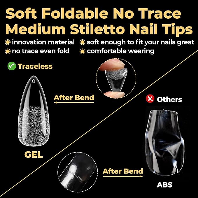 UNA GELLA Halloween Stiletto Gel Nail Tips 600Pcs, Medium Stiletto Press on Nails Almond Shape Pre Etched Full Cover Soft Gel Nails Tips for Nail Extensions Art DIY Salon 12 Sizes at Home