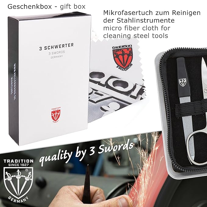 3 Swords Germany - brand quality 6 piece manicure pedicure kit set for professional finger & toe nail care with synthetic leather case - Made in Germany - brown