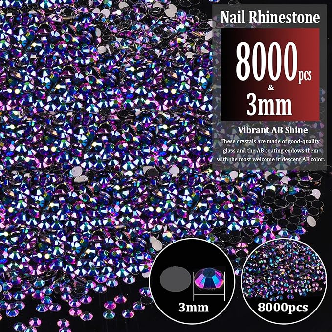 8000pcs 3mm Resin Rhinestones Bulk, Purplish Black AB Flatback Round Jelly Rhinestones Non Hotfix Crystal Gems Large Quantity Wholesale for DIY Crafts Clothes Bottles Face Makeup Manicure