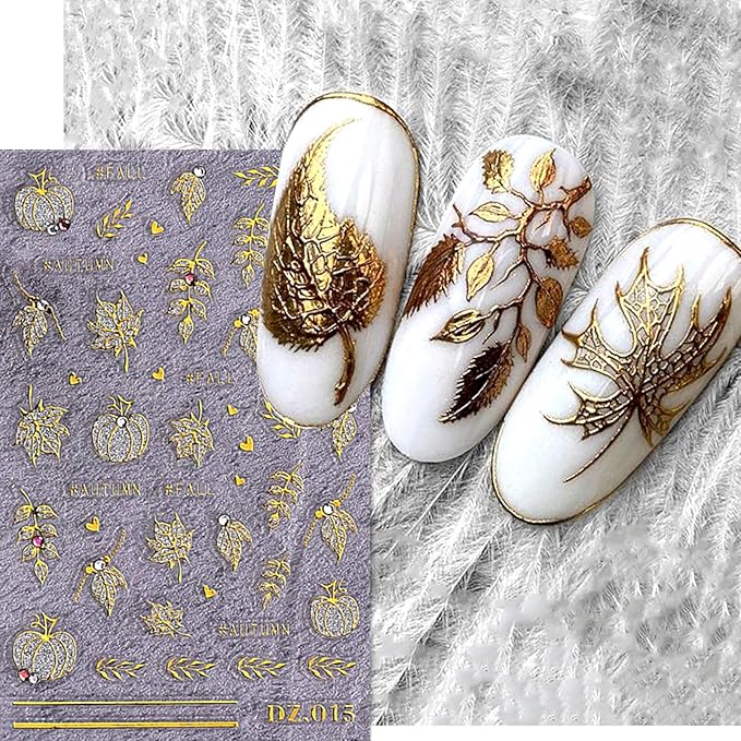 3PCS Fall Nail Art Stickers 5D Embossed Maple Leaf Nail Decals Gold Pumpkins Maple Leaves Glitters Nail Design Stickers Shiny Rhinestones Adhesive Sliders Thanksgiving Day Nail Supplies for Women