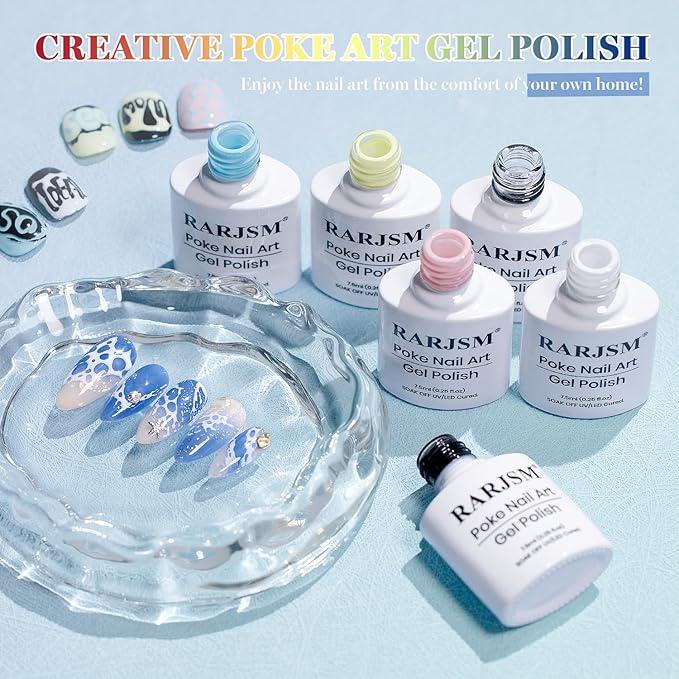 RARJSM Nail Art Poke Gel Nail Polish Set 6pcs Cracked Hole Clear Black White Pink Blue Yellow Poke Crackle Comic Grid Textures Effect Painted Drawing Wave Gelpolish Curing Need Home Salon DIY Design