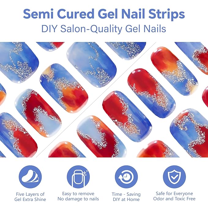 Semi Cured Gel Nail Strips-Blue Sky Press on Nails with Red Clouds Aurora Shimmer & Color Shifting Glitter, Coffin Semi Cured Gel Nail Strips, Dreamy Nail Art(Dreamscape Gradient)