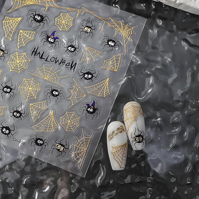 Halloween Nail Stickers Gold Nail Sticker for Nail Art 5D Self-Adhesive Gold Spider Web Nail Decals Spider Nails Supplies Decoration Accessories for Women and Girls
