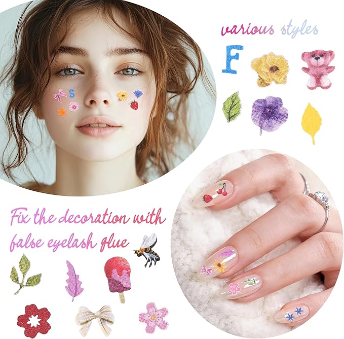 600Pcs 3D Flower Nail Art Charms Bee Bear Sequins Decals Colorful Mixed Bows Letters Design Slice Nail Maple Leaves Ultra Wood Pulp Flakes Sequins 4