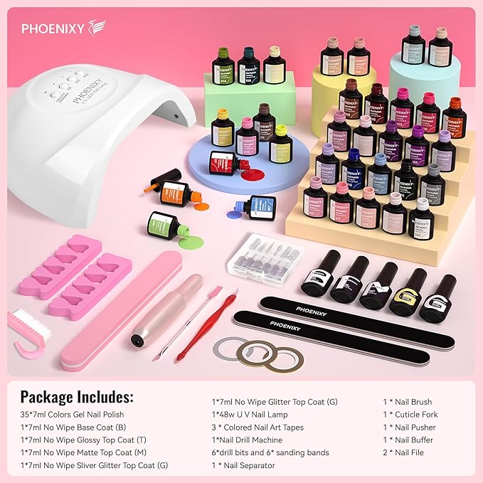 phoenixy 53 Pcs Gel Nail Polish Kit with U V light and Drill, 35 Colours Gel Polish with 5 Pcs Base Top Coat Manicure Starter Nail Polish Set Gifts for Women ST9014