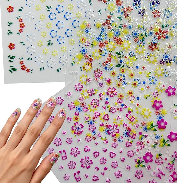 30 Sheets Flower Nail Art Stickers White Black Colorful 3D Self-Adhesive Nail Decals for Women Girls, DIY Manicure Designs Fake Nails Decorations Salon Supplies