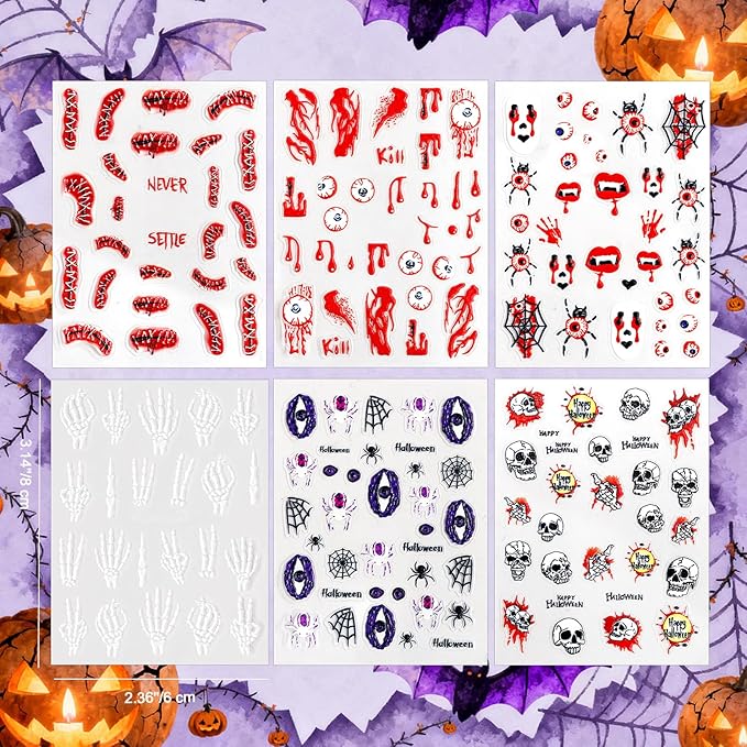 Allstarry Halloween Nails Stickers, 6 Sheets Halloween Nail Decals 5D Embossed Bone Skeleton Skull Spider Ghostface Ghost Nail Stickers Spooky Horror Nails Decals for Women Gifts Nail Art