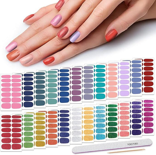 Nail Polish Strips - Solid Color, DANNEASY 24 Sheets Adhesive Nail Polish Stickers Full Nail Wraps for Women Girls Manicure Sticker Fingernails 1Pc Nail File, Cuticle Stick
