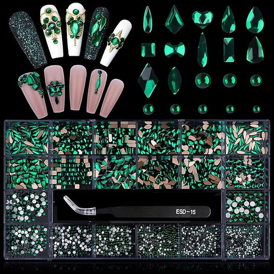 3100Pcs Green Rhinestones for Nail, EBANKU 12 Types of 600 Nail Diamonds +2500 Flat Rhinestones Kit Mixed Shape AB Nail Gems Jewels with Rhinestone Picker Dotting Pen Tweezers